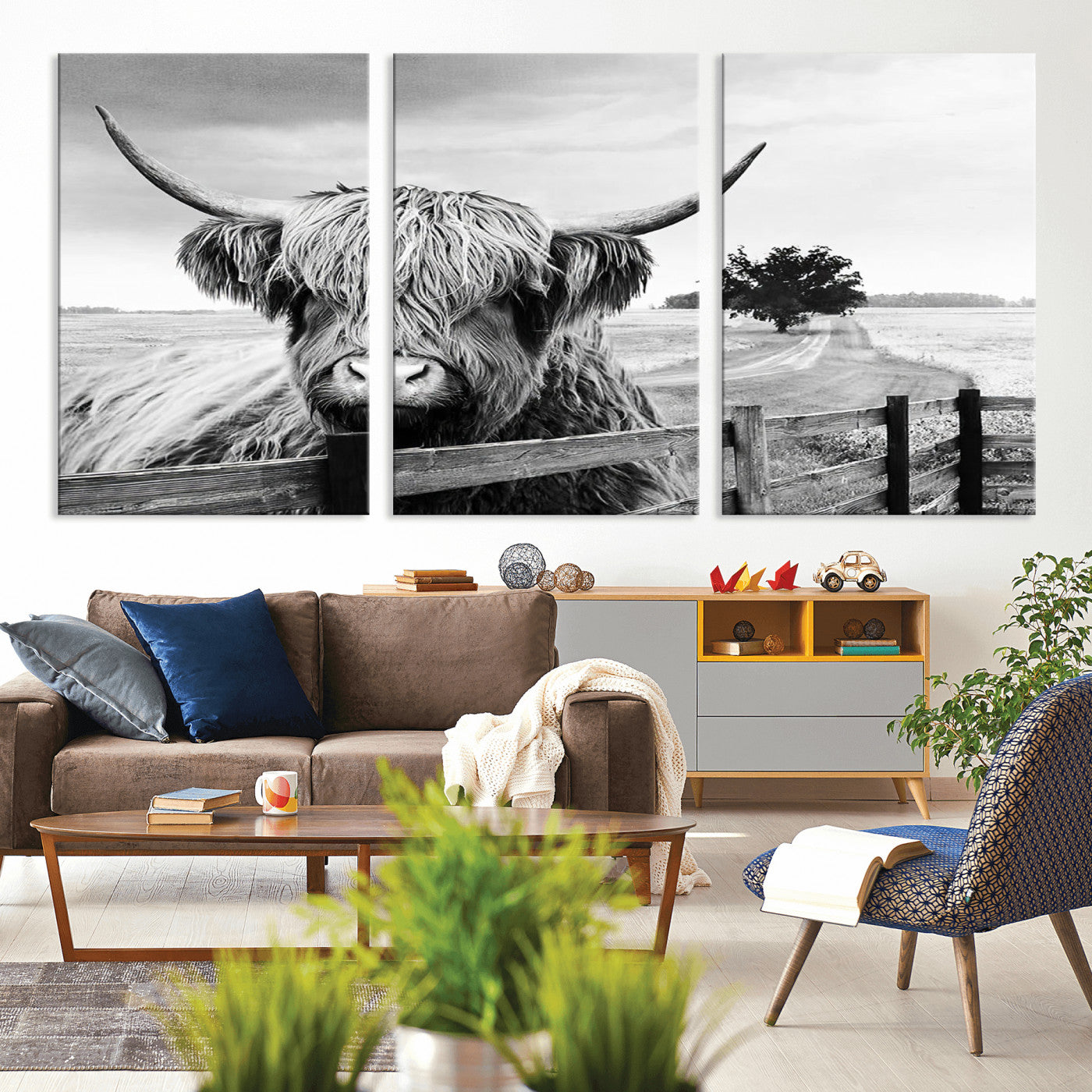MGV-CV-60X30-3P - Scottish Highland Cow Wall Art | Rustic Farmhouse Décor | Black and White Ready to Hang Canvas Print
