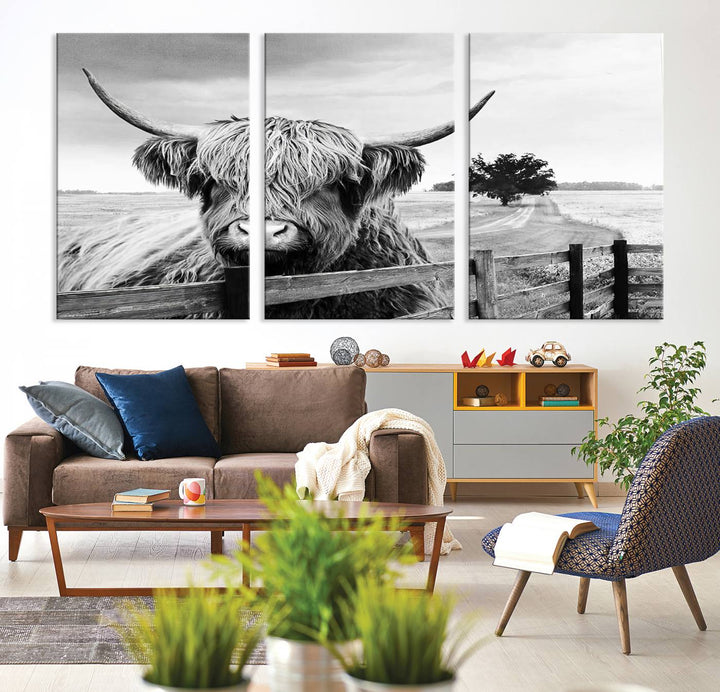 Scottish Highland Cow Wall Art | Rustic Farmhouse Décor | Black and White Ready to Hang Canvas Print