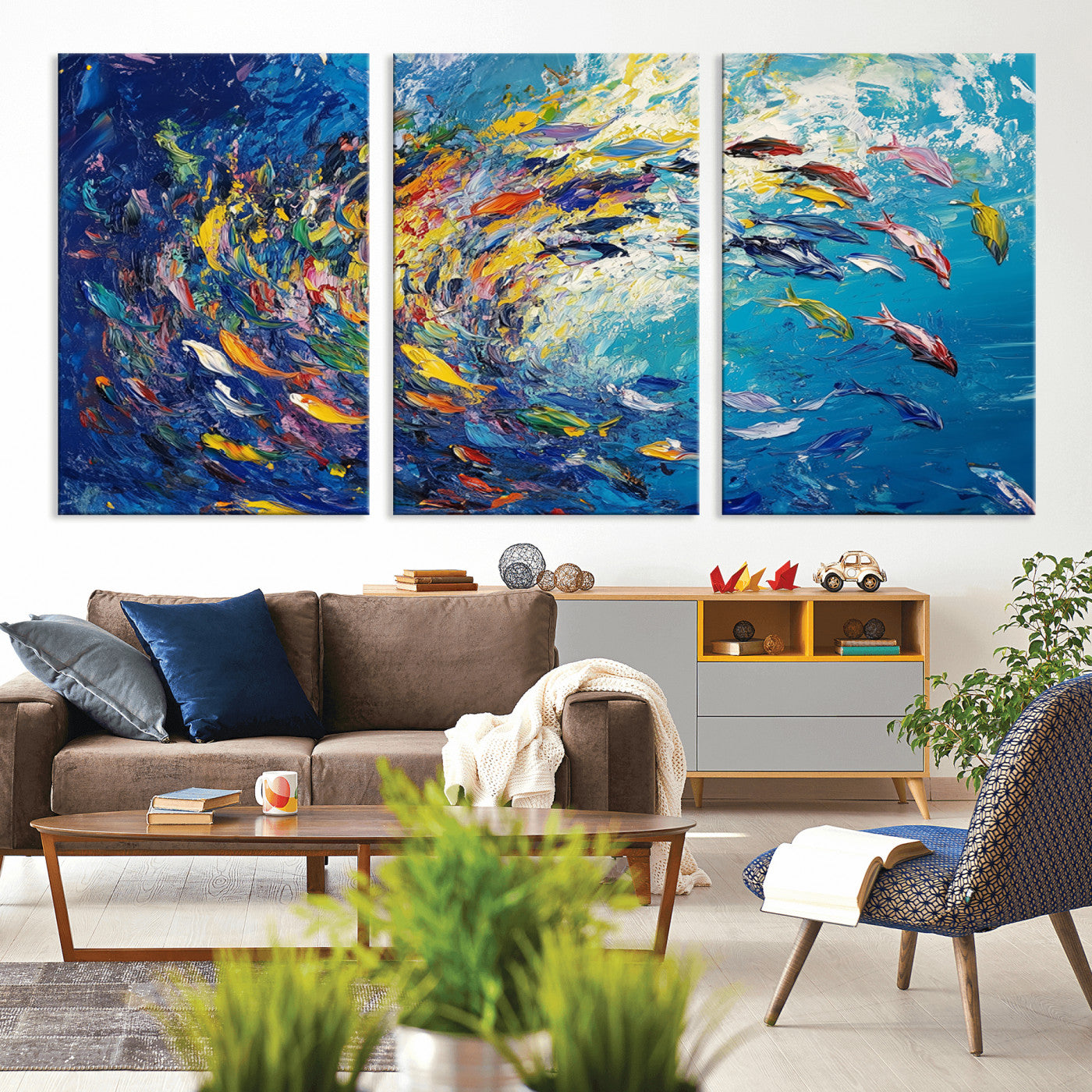 MGV-CV-60X30-3P - Colorful Swirling Fish School Wall Art Canvas Print | Oceanic Abstract Painting | Ready to Hang |