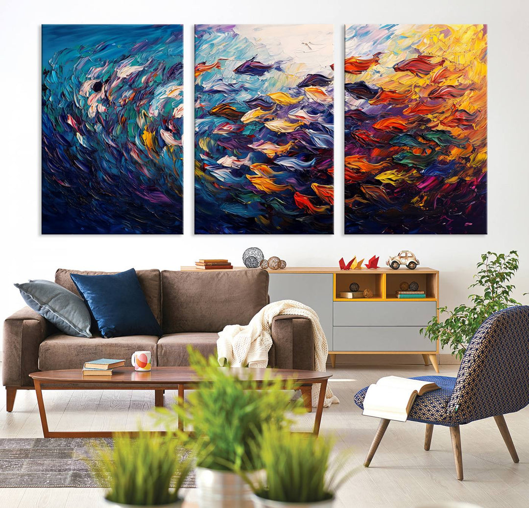 Vibrant Abstract Fish Swarm Art – Colorful Fish Inspired 3-Piece Canvas Wall Art for Living Room or Office – Framed and Ready to Hang