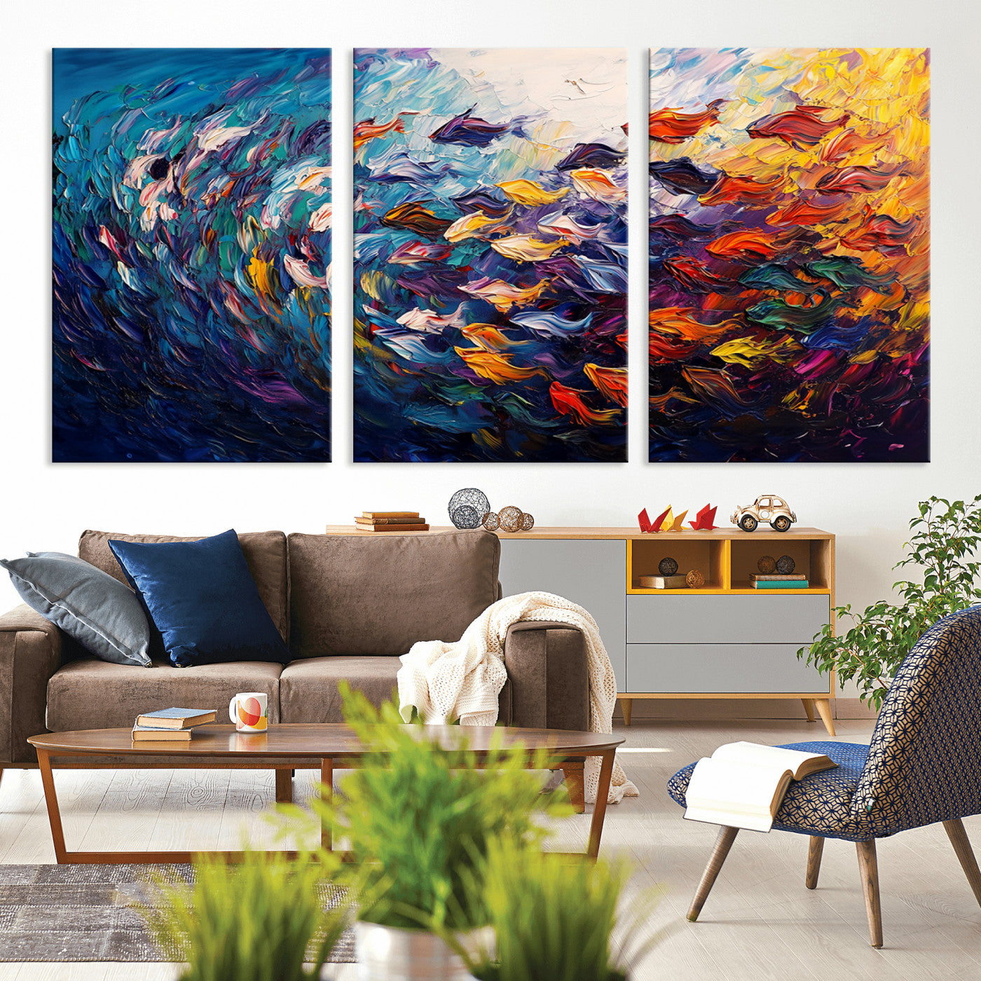MGV-CV-60X30-3P - Vibrant Abstract Fish Swarm Art – Colorful Fish Inspired 3-Piece Canvas Wall Art for Living Room or