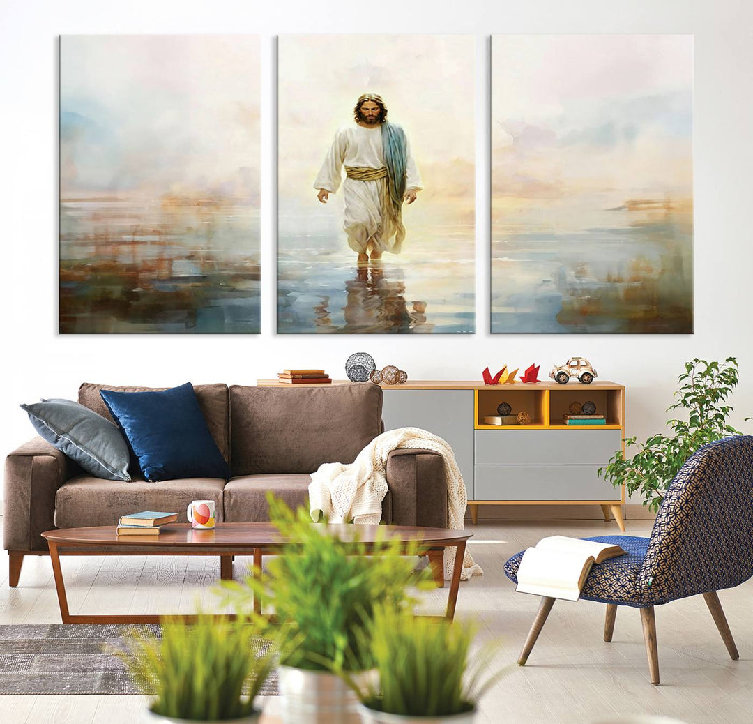 The 3-panel Framed Jesus Walking on Water Wall Art showcases a serene religious scene.