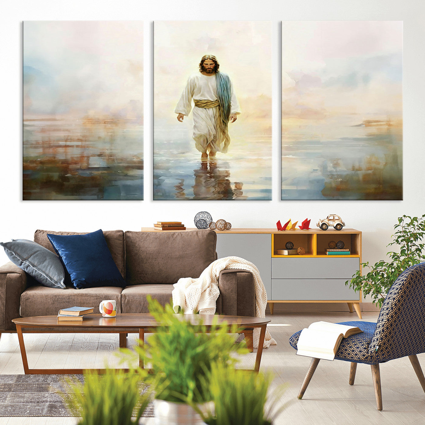 MGV-CV-60X30-3P - Framed Jesus Walking on Water Wall Art - 3-Panel Christian Canvas Prints, Religious Artwork for