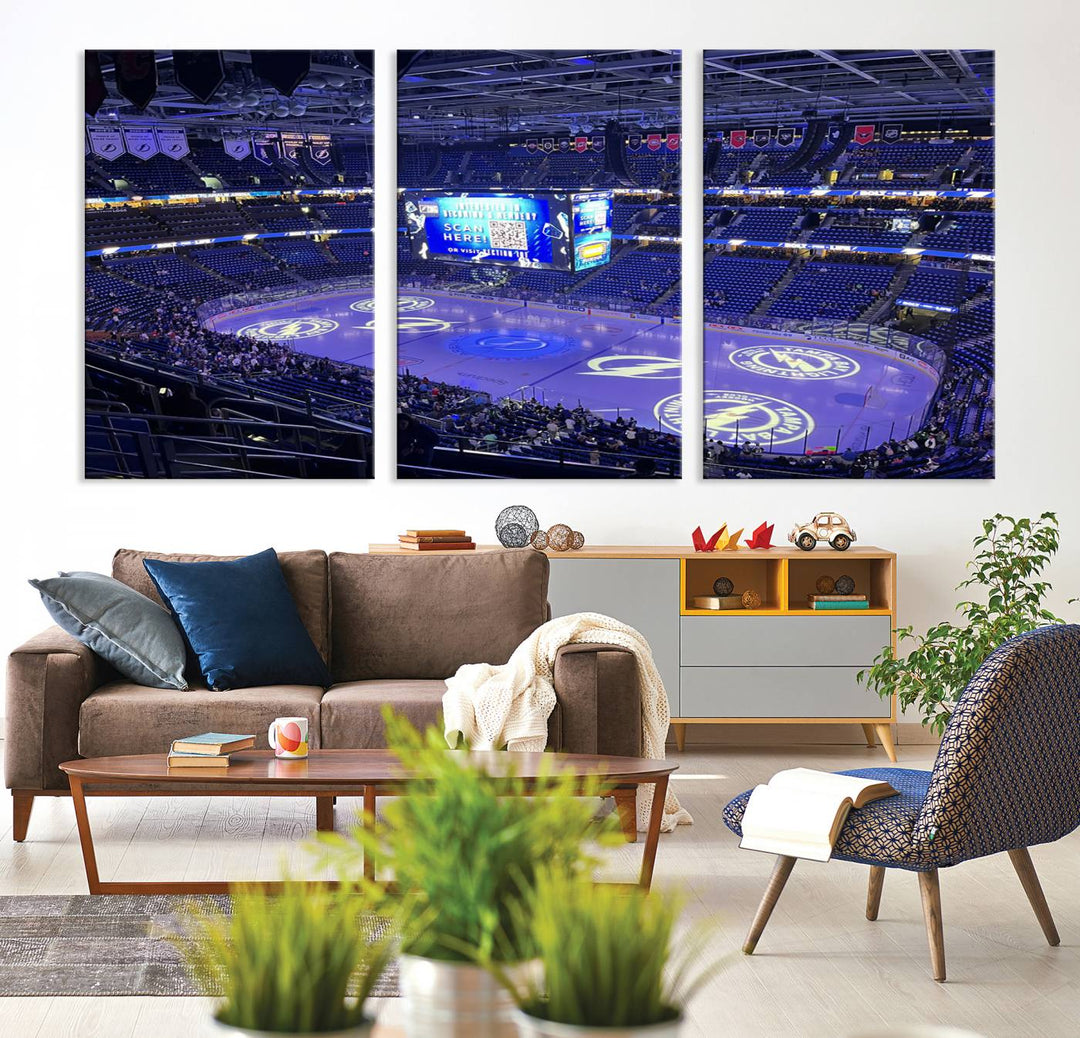 The wall art canvas print at Amalie Arena features team logos on ice, encapsulating the vibrant atmosphere of an NHL hockey stadium.