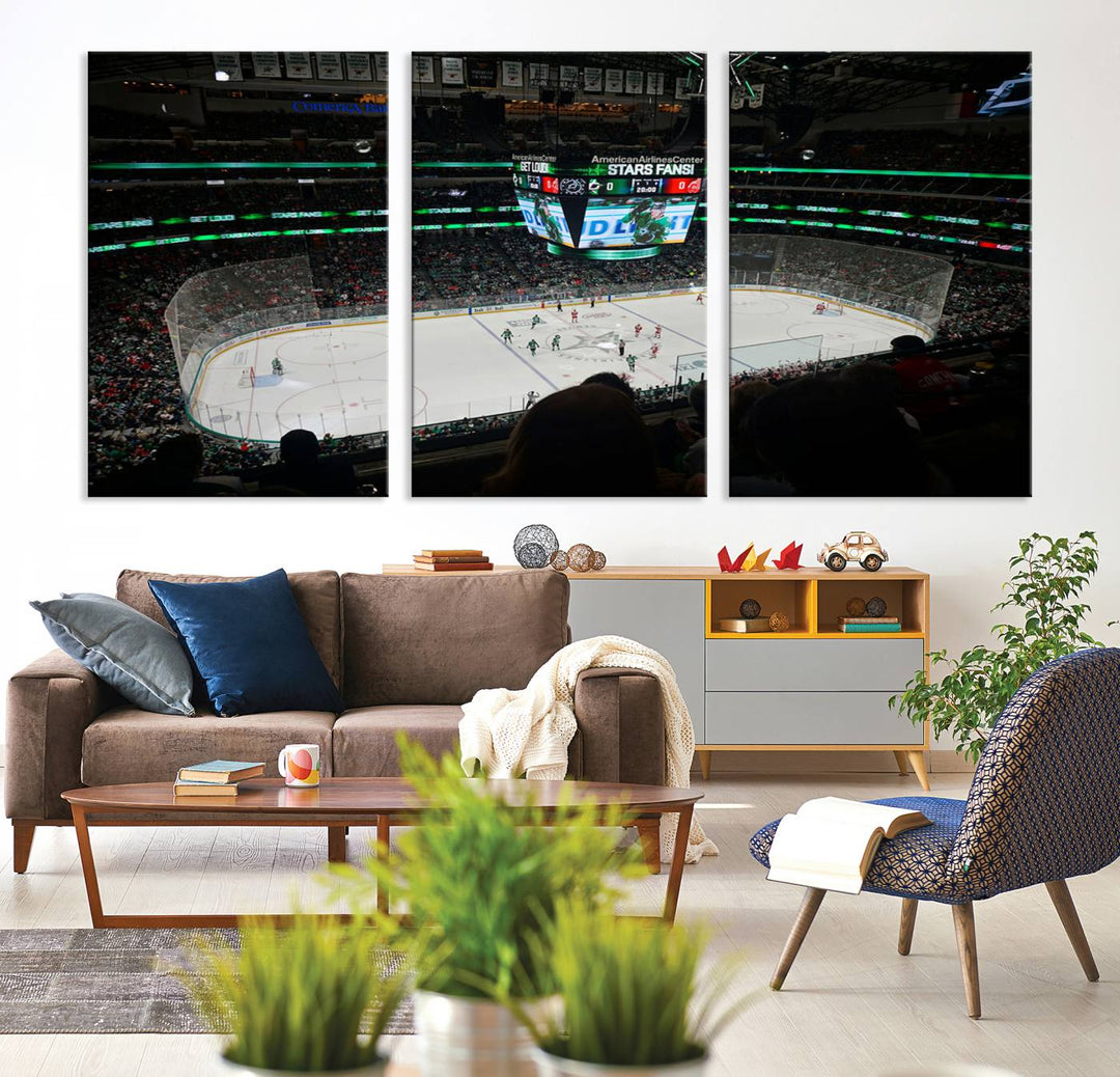 The Dallas Stars Wall Art Canvas Print is as clear as the scoreboard stats at a hockey game in a large arena with bright lights.