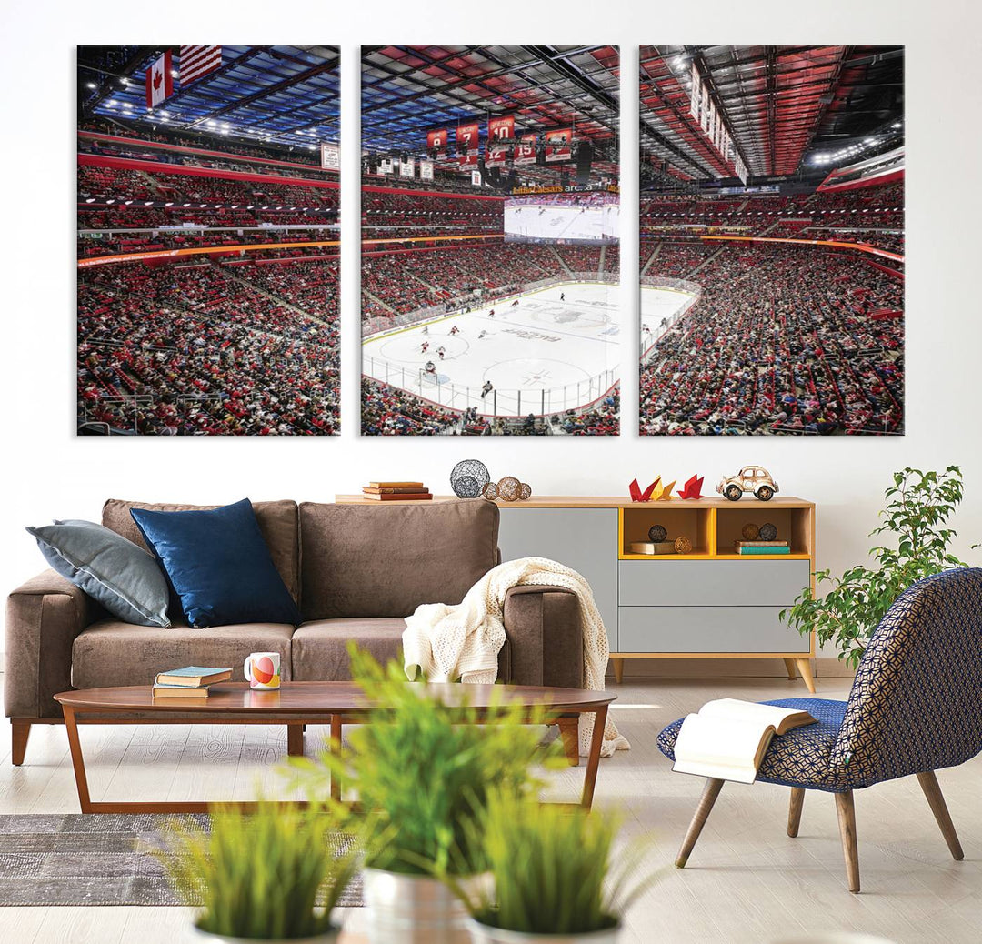 A Barton Malow canvas depicting Little Caesars Arena from above is beautifully printed in high resolution for your wall.