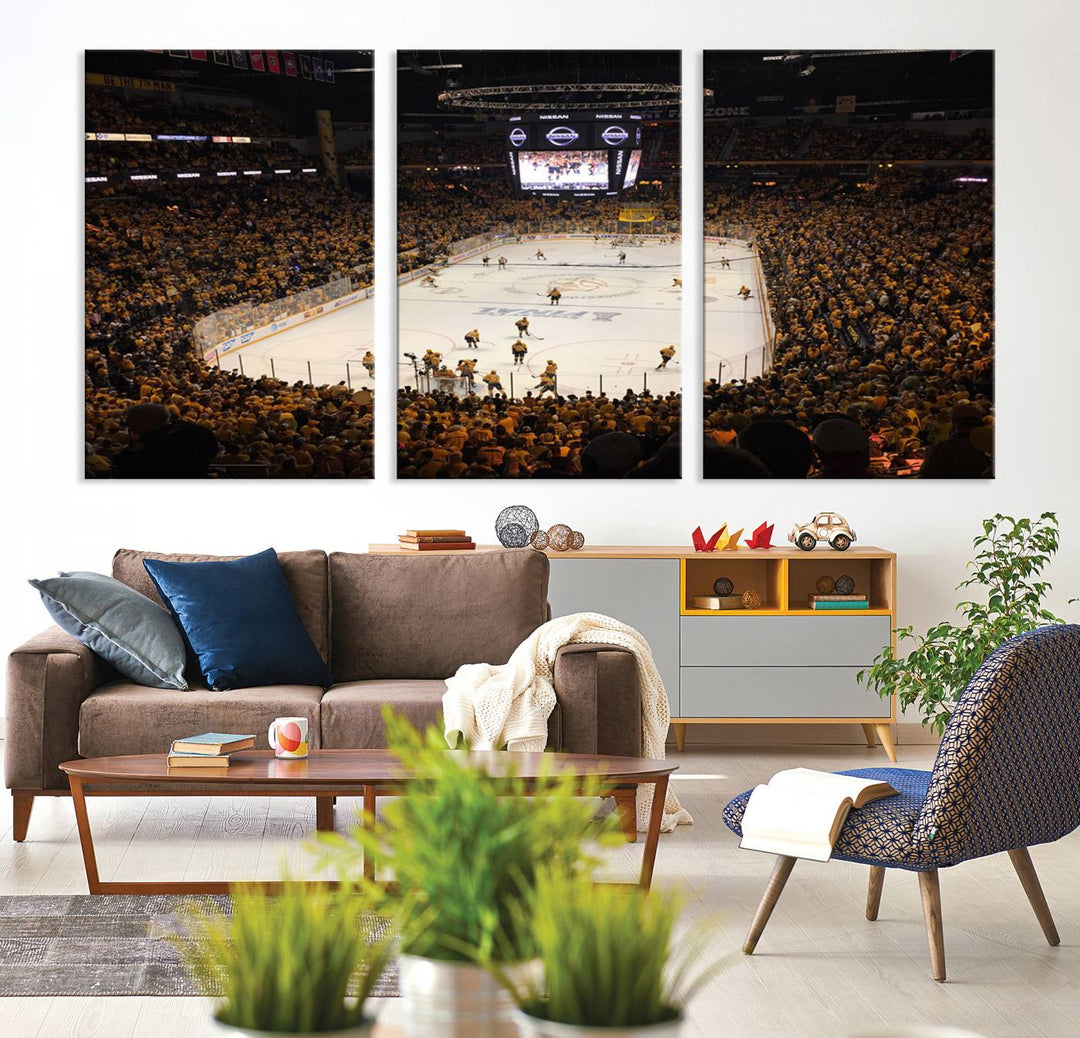 A captivating triptych canvas print, titled "Bridgestone Arena - Nashville Predators Hockey Team Print," adorns the wall. This Nashville wall art canvas print is perfect for Predators fans who appreciate sports-themed decor.