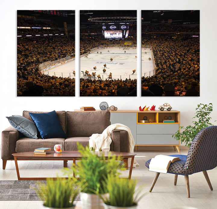 A captivating triptych canvas print, titled "Bridgestone Arena - Nashville Predators Hockey Team Print," adorns the wall. This Nashville wall art canvas print is perfect for Predators fans who appreciate sports-themed decor.