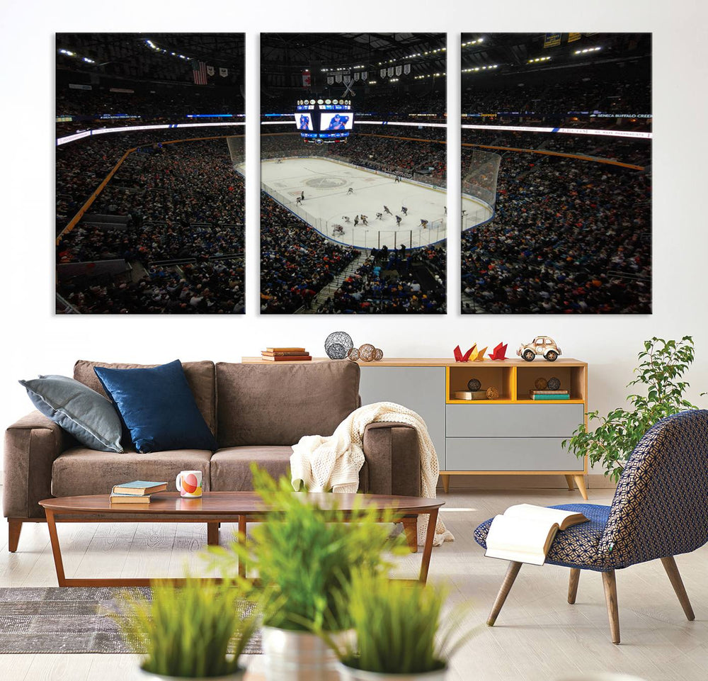 The wall art captures the essence of a Buffalo Sabres game on ice at KeyBank Center, making it deserving of a premium canvas print.