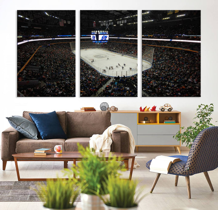 The nautical-themed room is enhanced by the KeyBank Center New York Buffalo Sabres Hockey Stadium Wall Art Canvas Print, a three-panel depiction of a bustling hockey arena with a gallery-quality finish. This canvas artwork, handmade in the USA, introduces an element of sporting elegance to your decor.