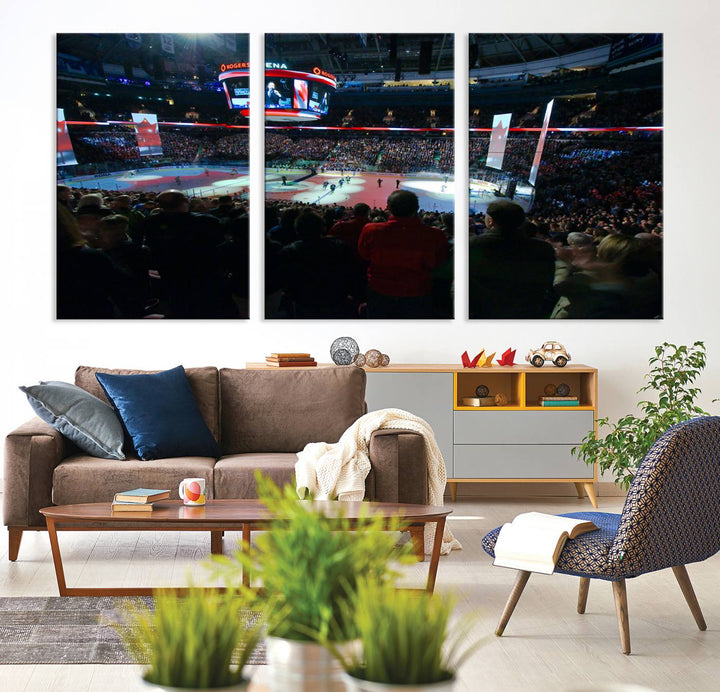 Experience the intense atmosphere of a full-capacity ice hockey game at Rogers Arena, home of the Vancouver Canucks, captured on museum-quality canvas.