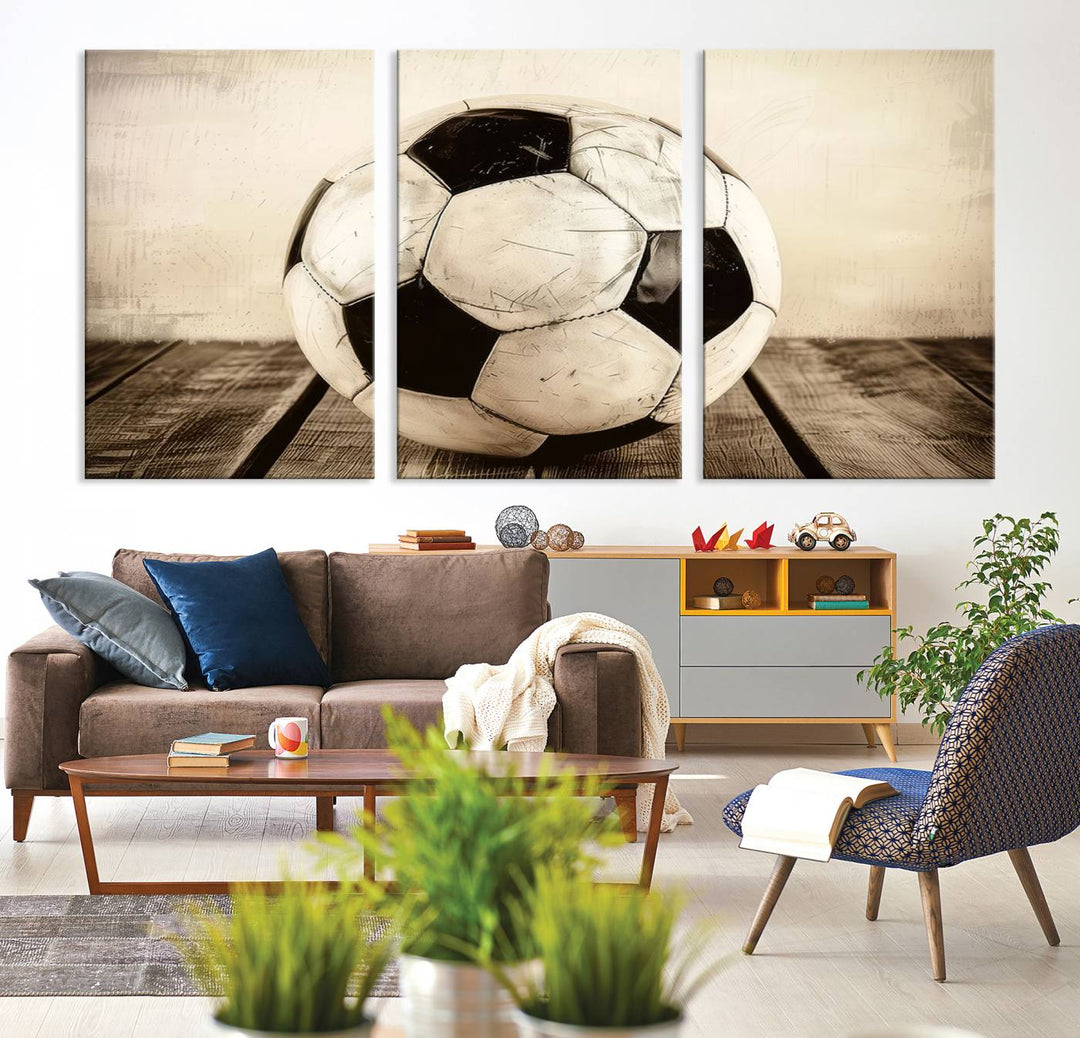 Vintage Soccer Ball Triptych Canvas Art – 3-Panel Soccer Wall Decor, Framed and Ready to Hang Sports Art for Home, Office, or Gym