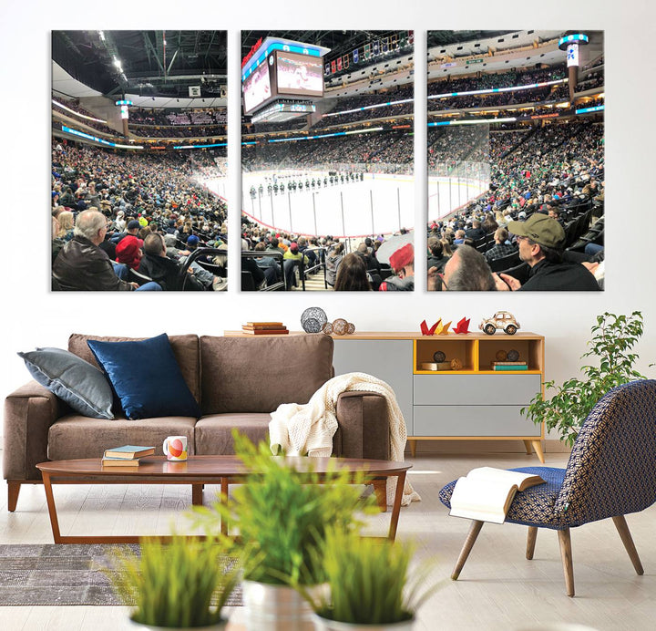 The Xcel Energy Center St Paul Minnesota Wild Ice Hockey Stadium Wall Art Canvas Print captures a packed hockey arena with spectators watching players on the ice. It is elegantly preserved on museum-quality canvas with vibrant details protected by a UV-protective coating.