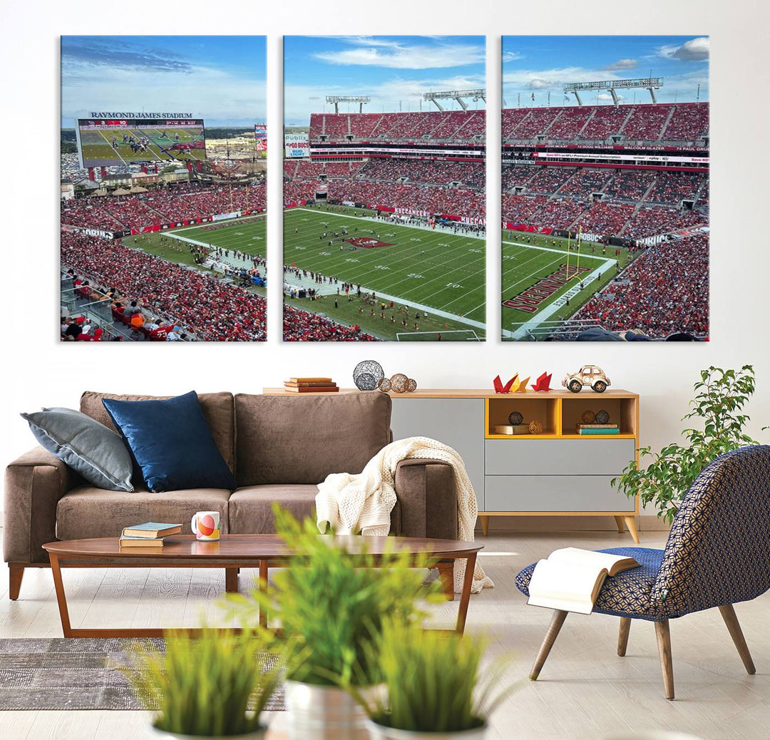 The Florida Tampa Raymond James Stadium Wall Art Canvas Print is featured above the cabinet.