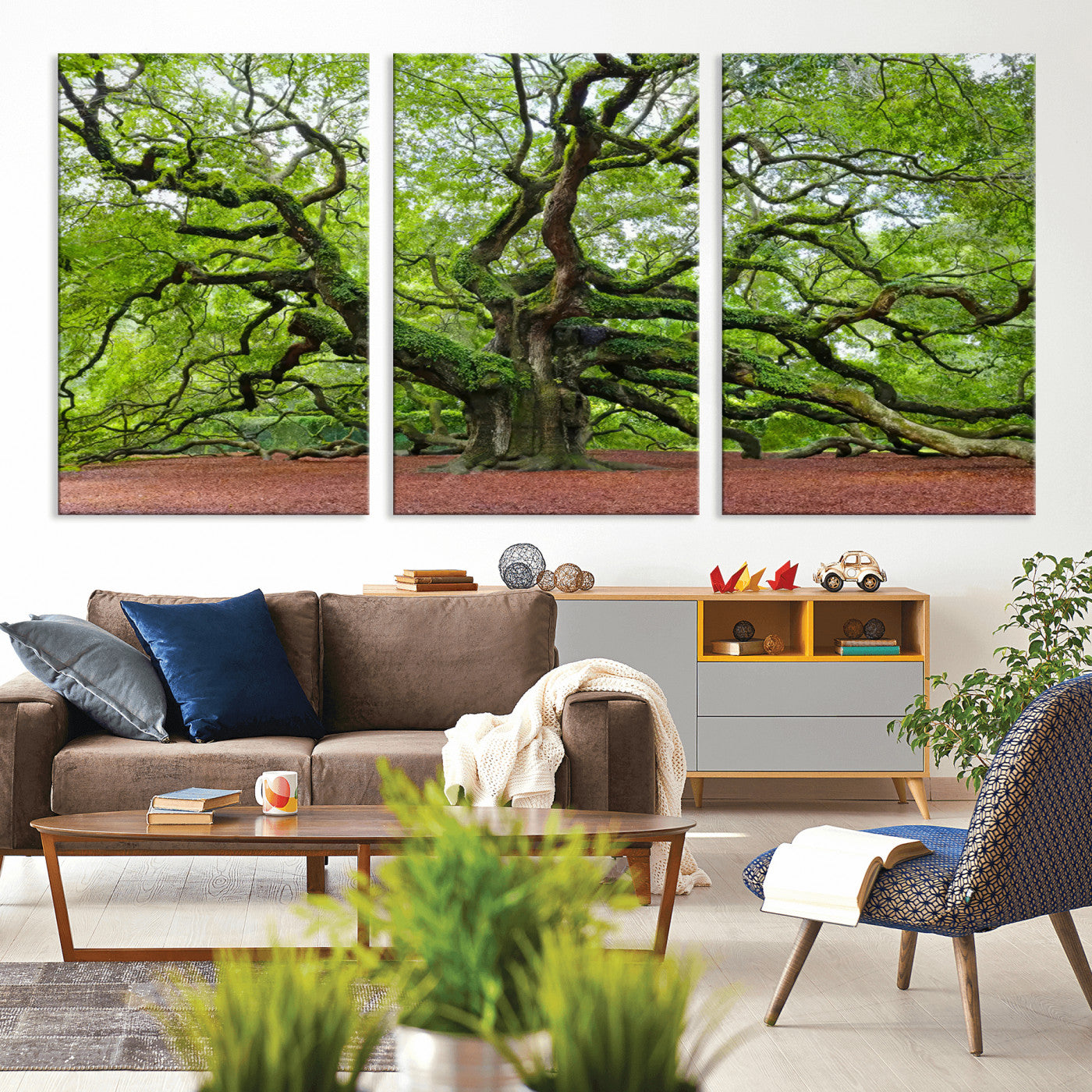 MGV-CV-60X30-3P - Framed Angel Oak Tree Wall Art - 3-Panel Canvas Prints, Large Green Nature Artwork, Ready to Hang