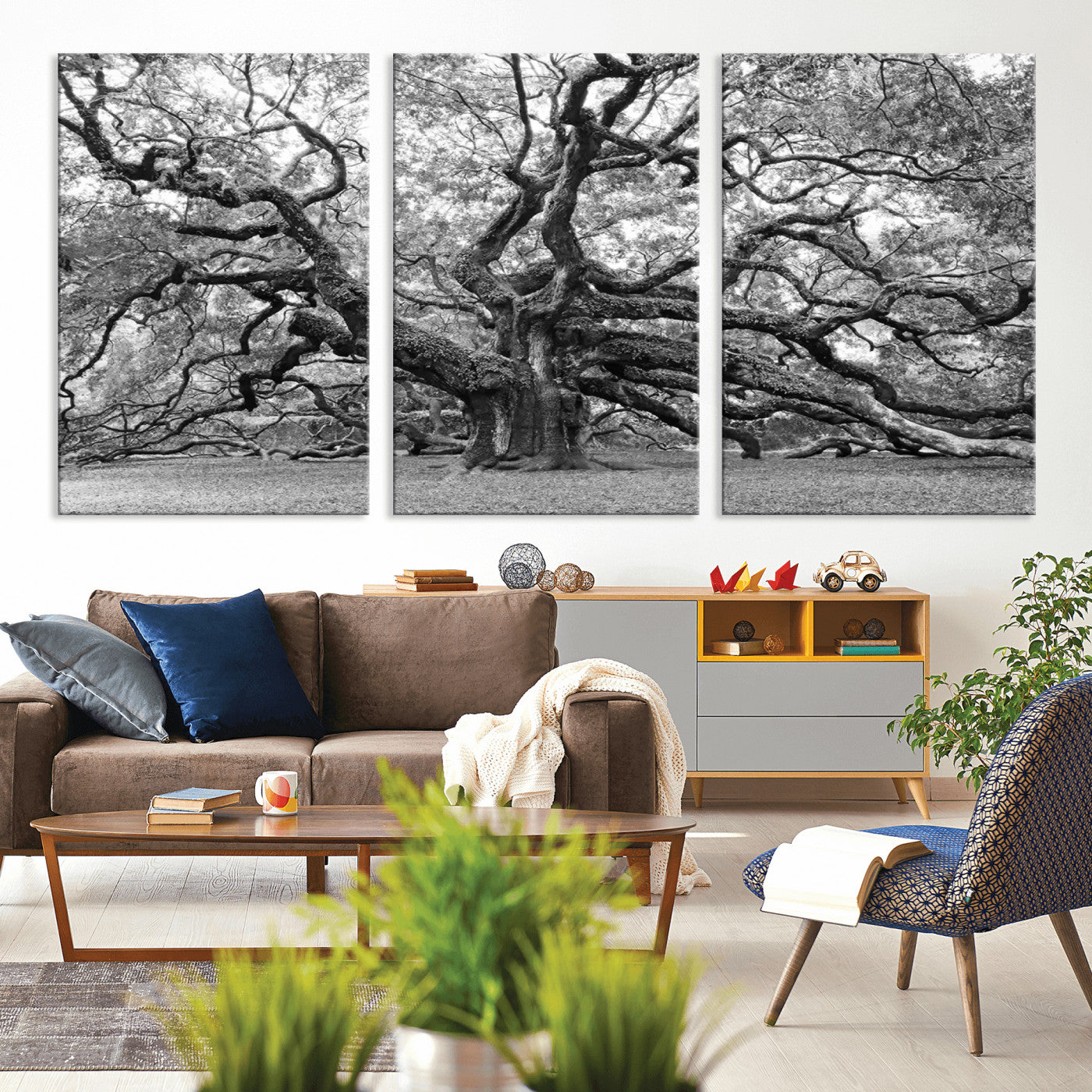 MGV-CV-60X30-3P - Black White Angel Oak Tree Wall Art - Timeless Nature-Inspired Canvas for Rustic, Modern, or