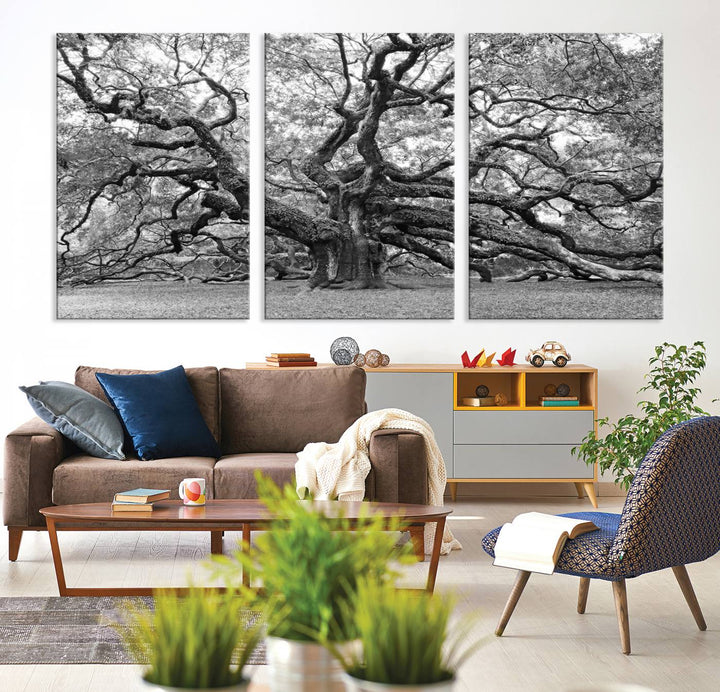 Black White Angel Oak Tree Wall Art - Timeless Nature-Inspired Canvas for Rustic, Modern, or Traditional Home Decor