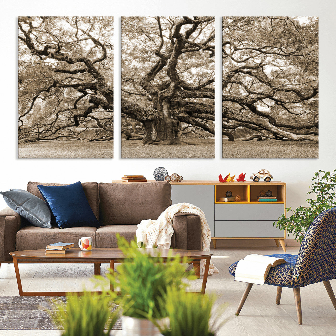 51126-MGV-CV-36X24-Sepia Framed Angel Oak Tree Wall Art - 3-Panel Canvas Prints, Large Green Nature Artwork, Ready to