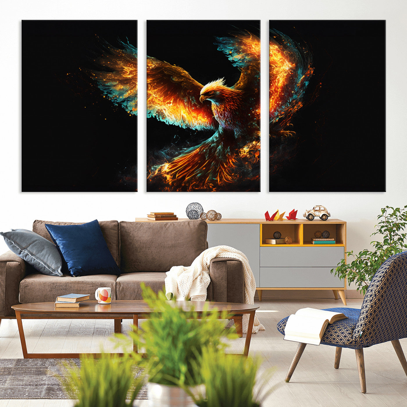 MGV-CV-60X30-3P - Fiery Phoenix Canvas Print | Ready to Hang Wall Art | Bold Fantasy Decor for Living Room | Majestic