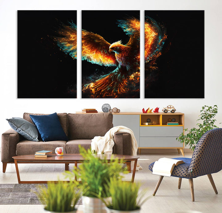 Fiery Phoenix Canvas Print | Ready to Hang Wall Art | Bold Fantasy Decor for Living Room | Majestic Bird Artwork