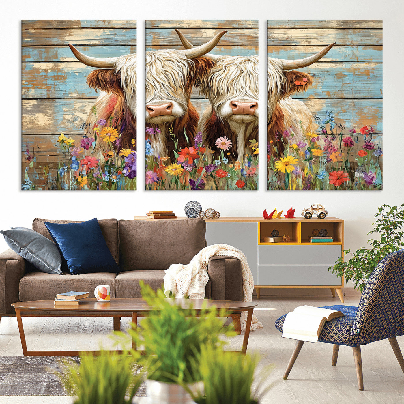 36972-MGV-CV-36X24-Cute Highland Cow Canvas Wall Art - Rustic Farmhouse Decor with Colorful Flowers Perfect Wall Art for Home