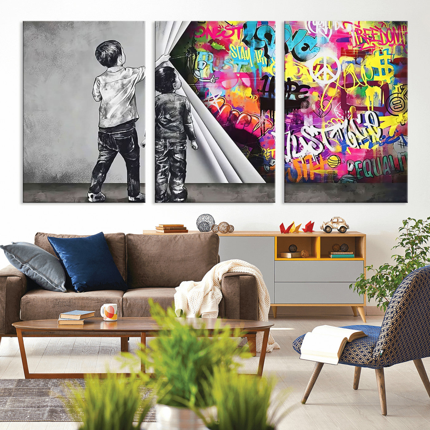 MGV-CV-60X30-3P - Banksy Print - Street Art Canvas Wall Art - Kids Revealing Graffiti, Urban Modern Decor for Living