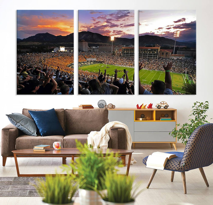 The Folsom Field Stadium Print beautifully captures the Colorado Buffaloes stadium at sunset, set against a stunning mountain backdrop.