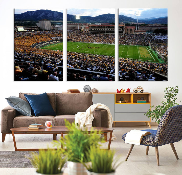 A canvas print captures the Colorado Buffaloes at Folsom Field, framed by mountains in the background.