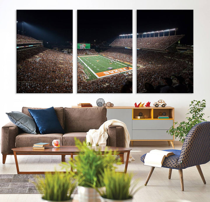 A football game at a packed stadium is captured on the University of Texas Longhorns Stadium Canvas Print.