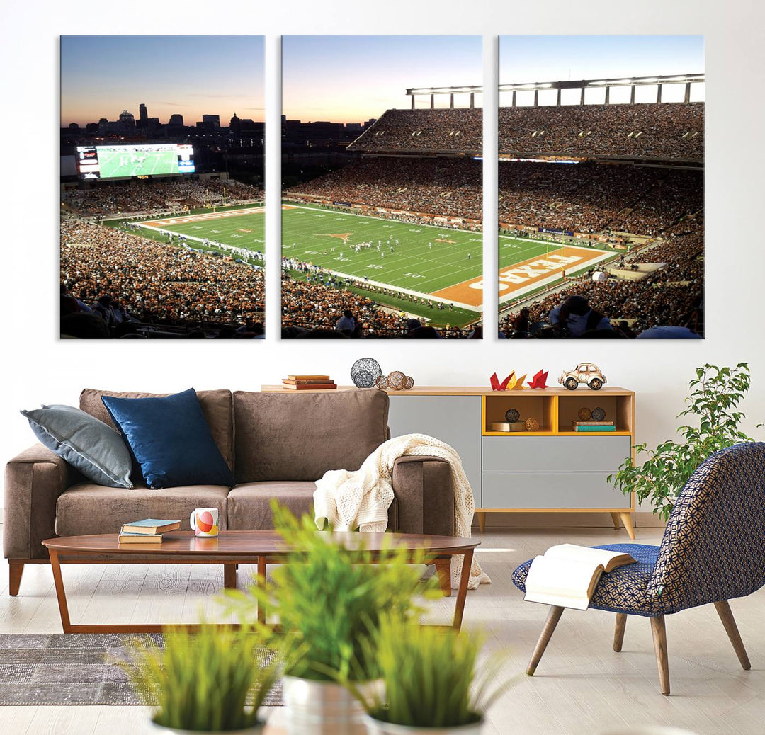 The Evening Game canvas art captures a glowing sunset and skyline at Texas Longhorns Darrell K Royal Stadium.