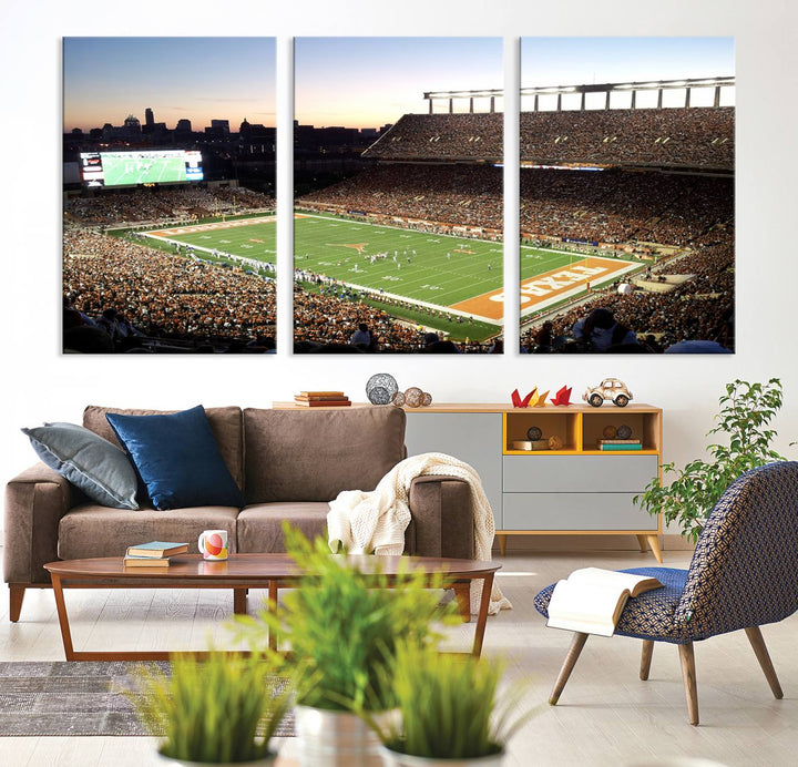 The Evening Game canvas art captures a glowing sunset and skyline at Texas Longhorns Darrell K Royal Stadium.