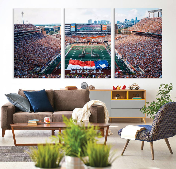 University of Texas Longhorns canvas: A premium print depicting Darrell K Royal-Texas Memorial Stadium with the city skyline and Texas flag.