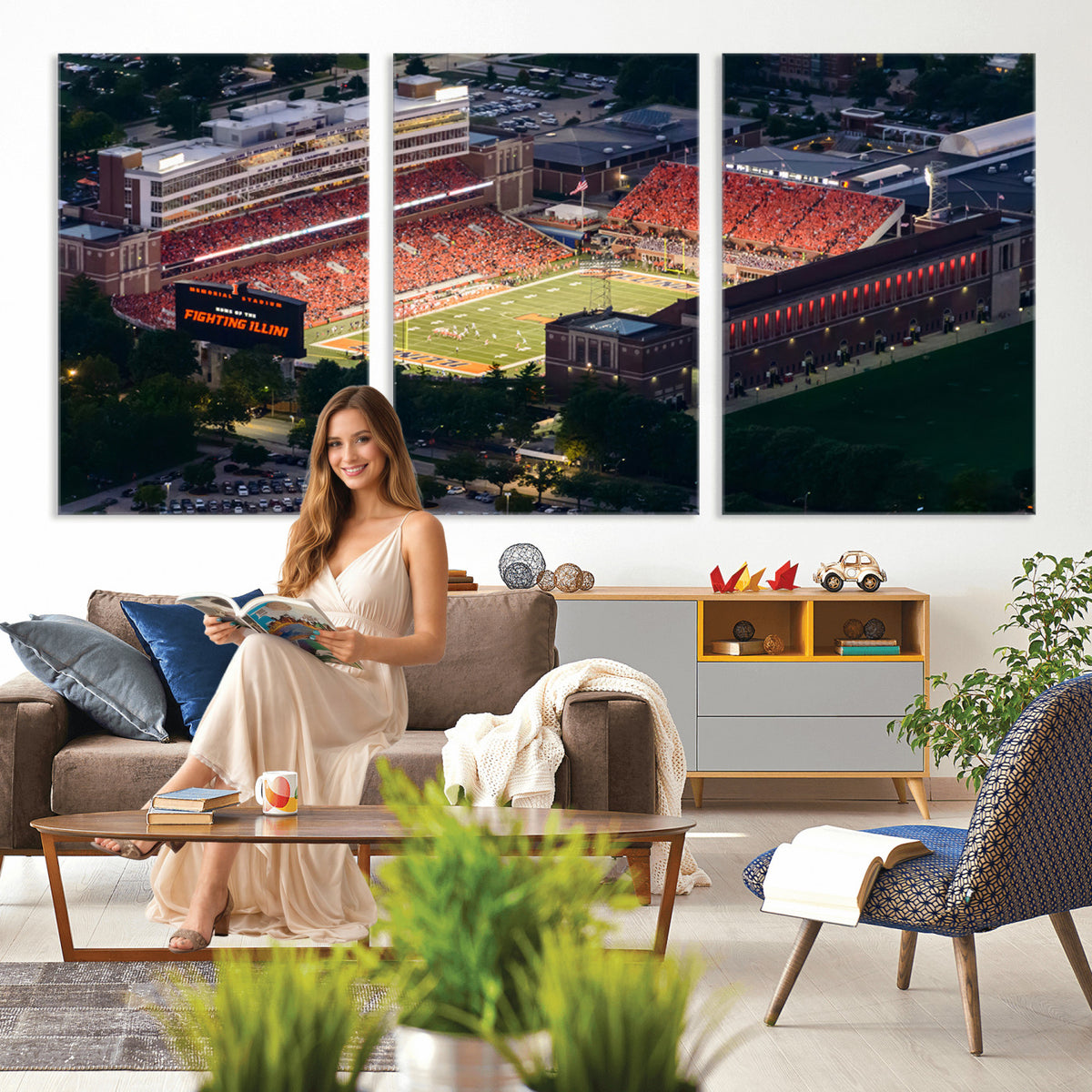 78052-MGV-CV-36X24 - University of Illinois Fighting Illini Football Team Print - Champaign Illinois Memorial Stadium