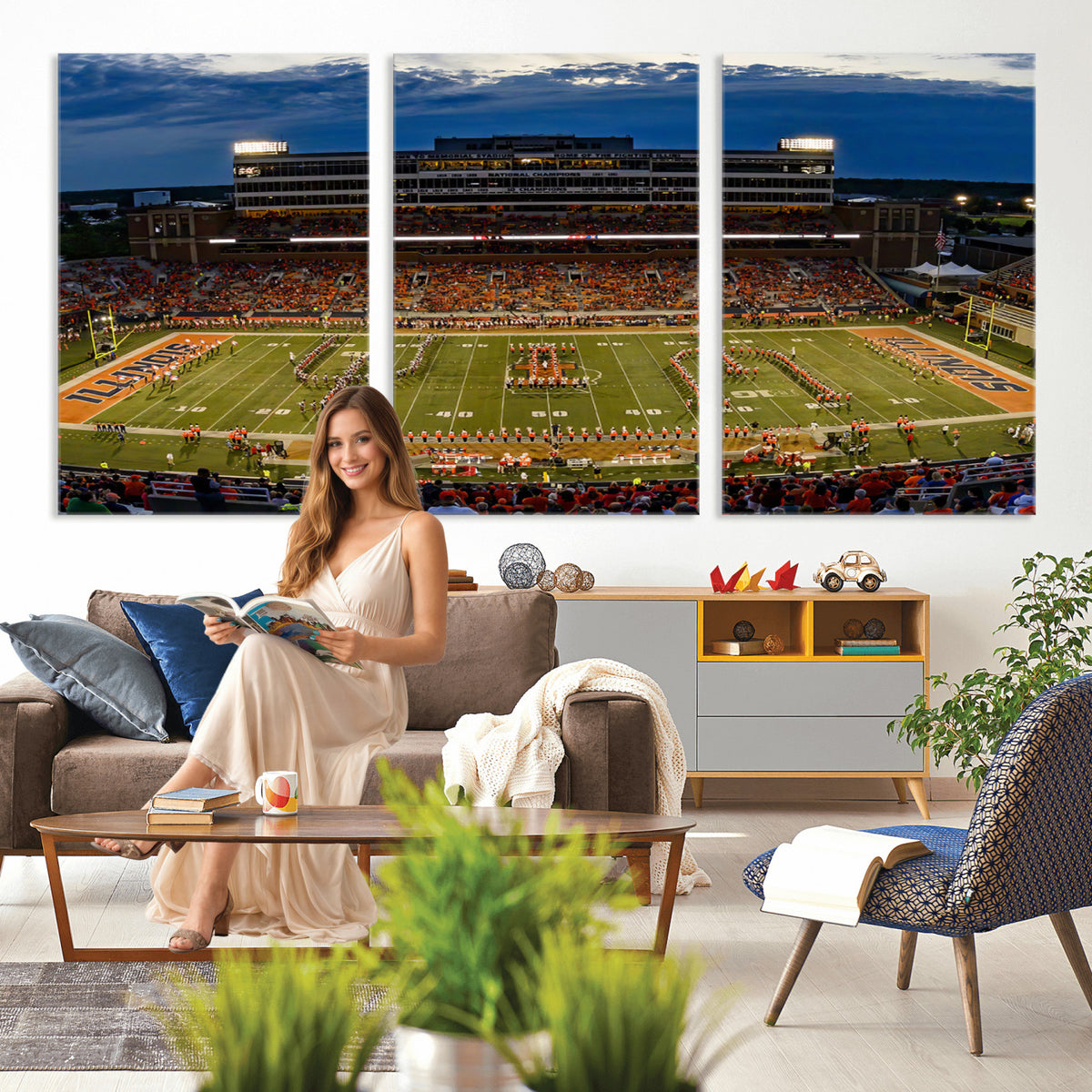 44513-MGV-CV-36X24 - University of Illinois Fighting Illini Football Team Print - Champaign Illinois Memorial Stadium