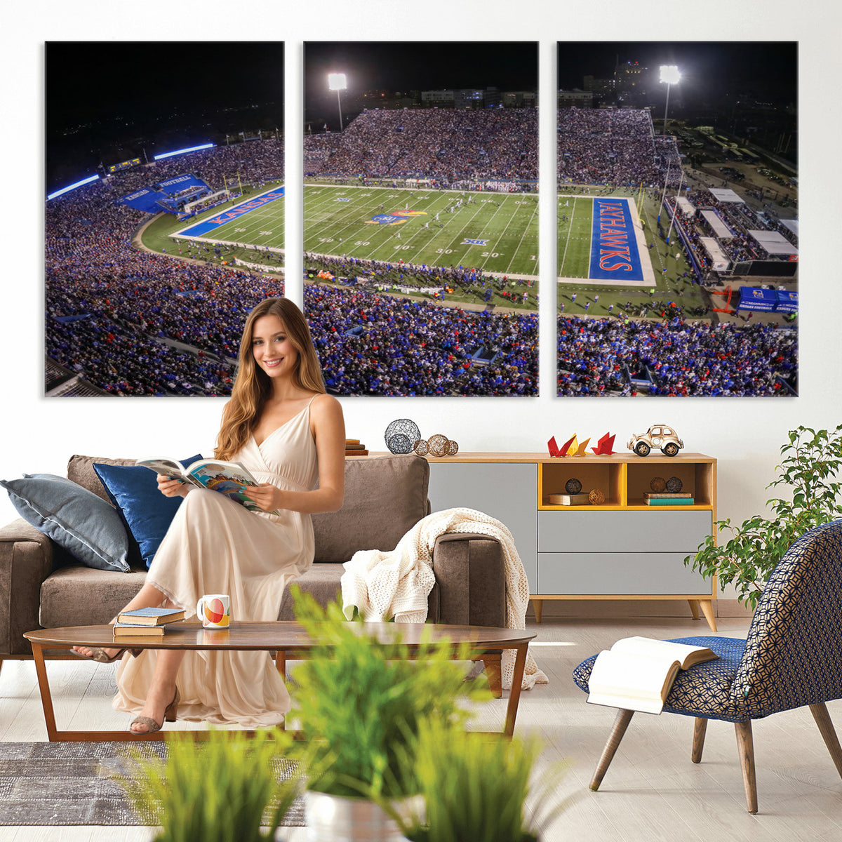 69760-MGV-CV-36X24 - University of Kansas Jayhawks Football Team Print - Lawrence Kansas Memorial Stadium Wall Art Canvas