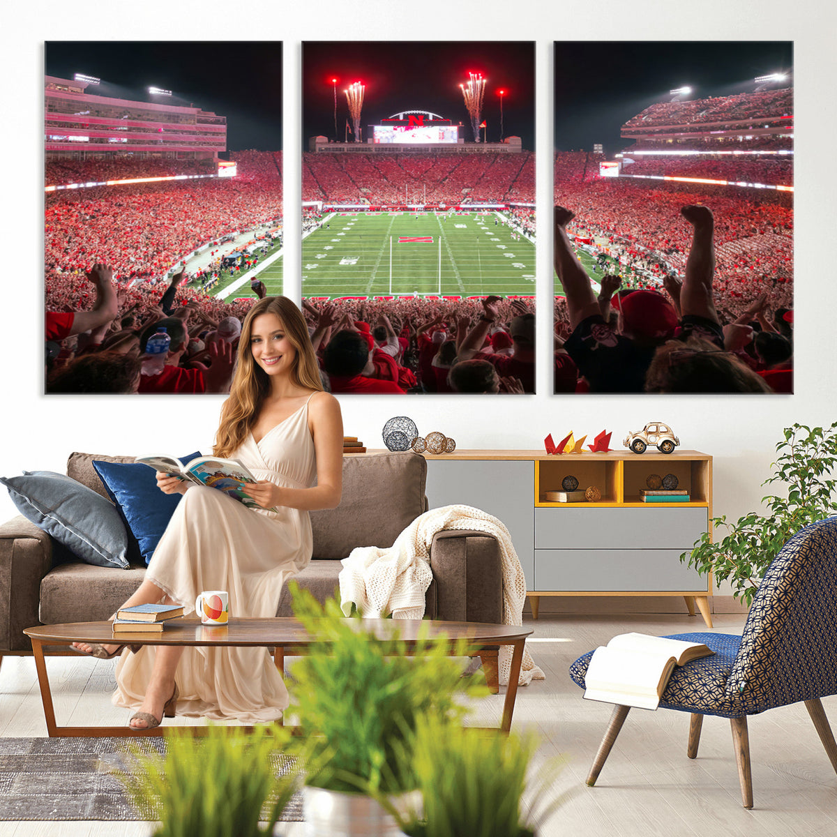 43351-MGV-CV-36X24 - University of Nebraska Cornhuskers Football Team Print - Lincoln Memorial Stadium Wall Art Canvas