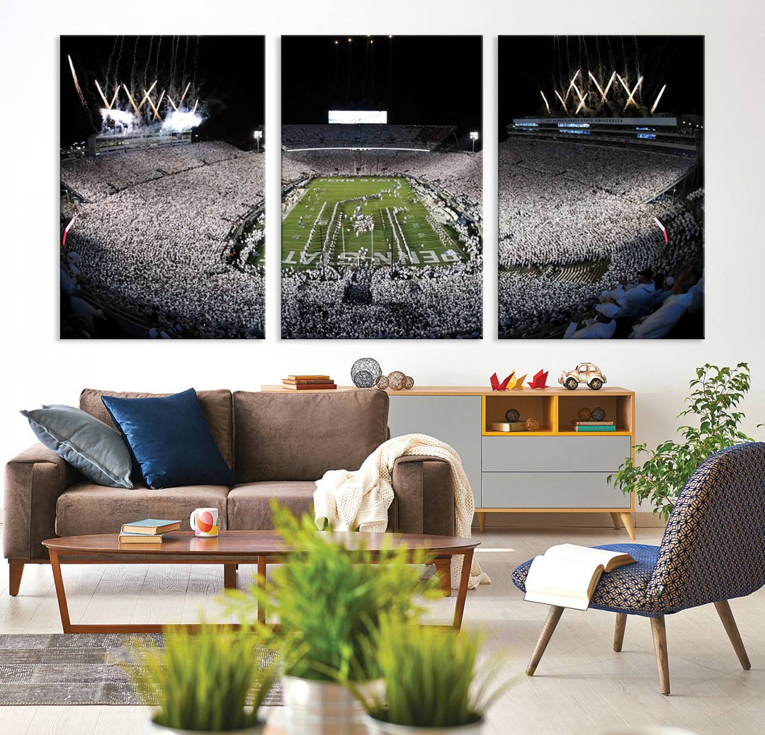 Wide-angle print of a packed stadium with fireworks, ideal gallery-quality wall art - Penn State Nittany Lions Canvas.