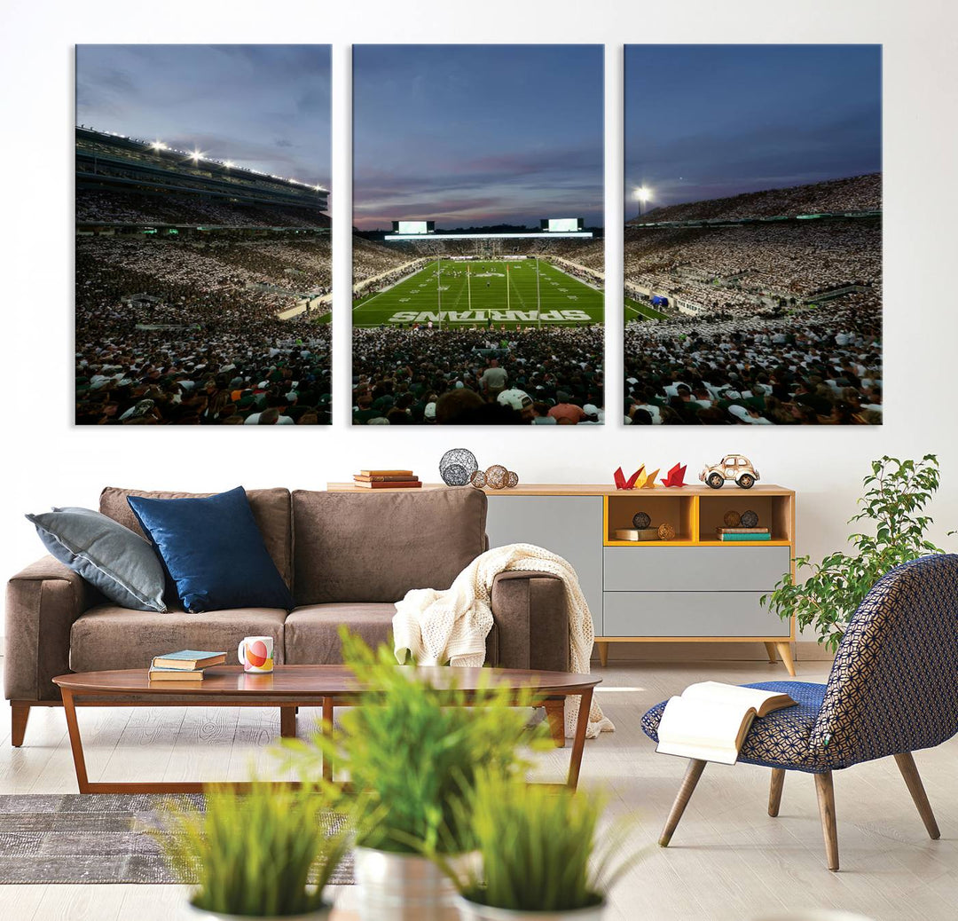 Wall art featuring a stadium at dusk with full stands—ideal for the Michigan State Spartans Football Team Canvas Print.