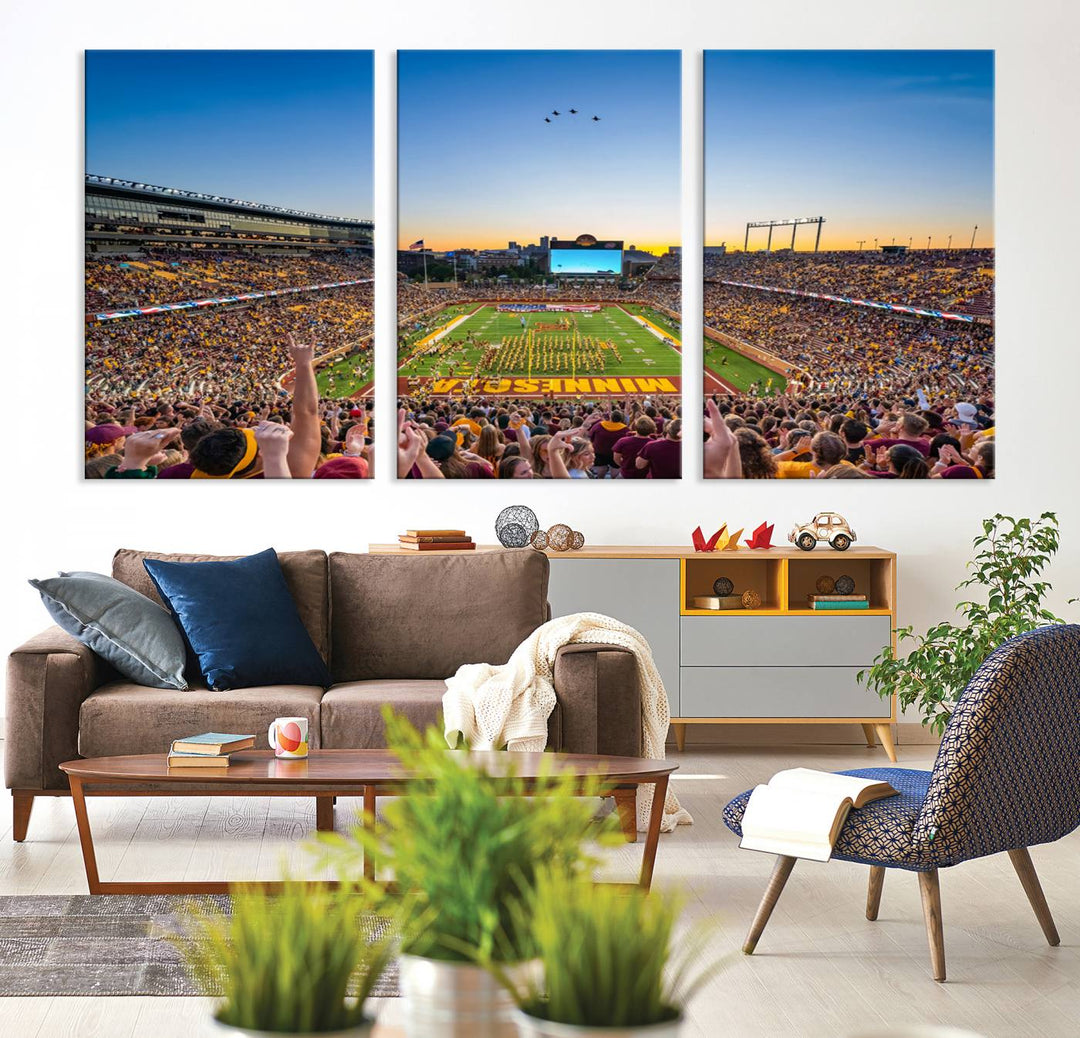 Canvas wall art featuring the University of Minnesota Football Team print, showcasing Huntington Bank Stadium at sunset with jets overhead.