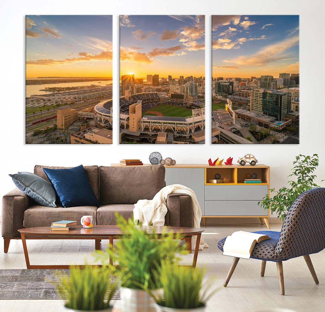 Petco Park Sunset Triple Canvas Wall Art - San Diego Cityscape and MLB Game - Home of the San Diego Padres