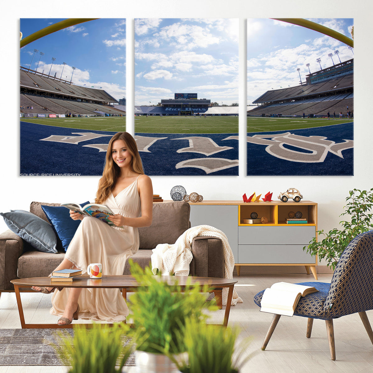 50267-MGV-CV-36X24 - Rice University Owls Football Team Print, Houston Rice Stadium, Framed and Ready to Hang