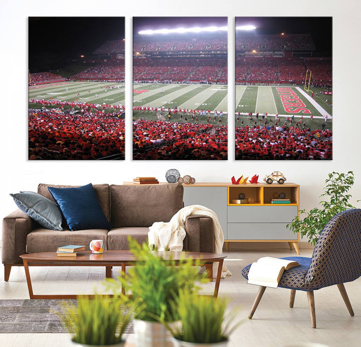 A bustling night game at SHI Stadium is captured as Rutgers Scarlet Knights wall art on a gallery-quality canvas print.