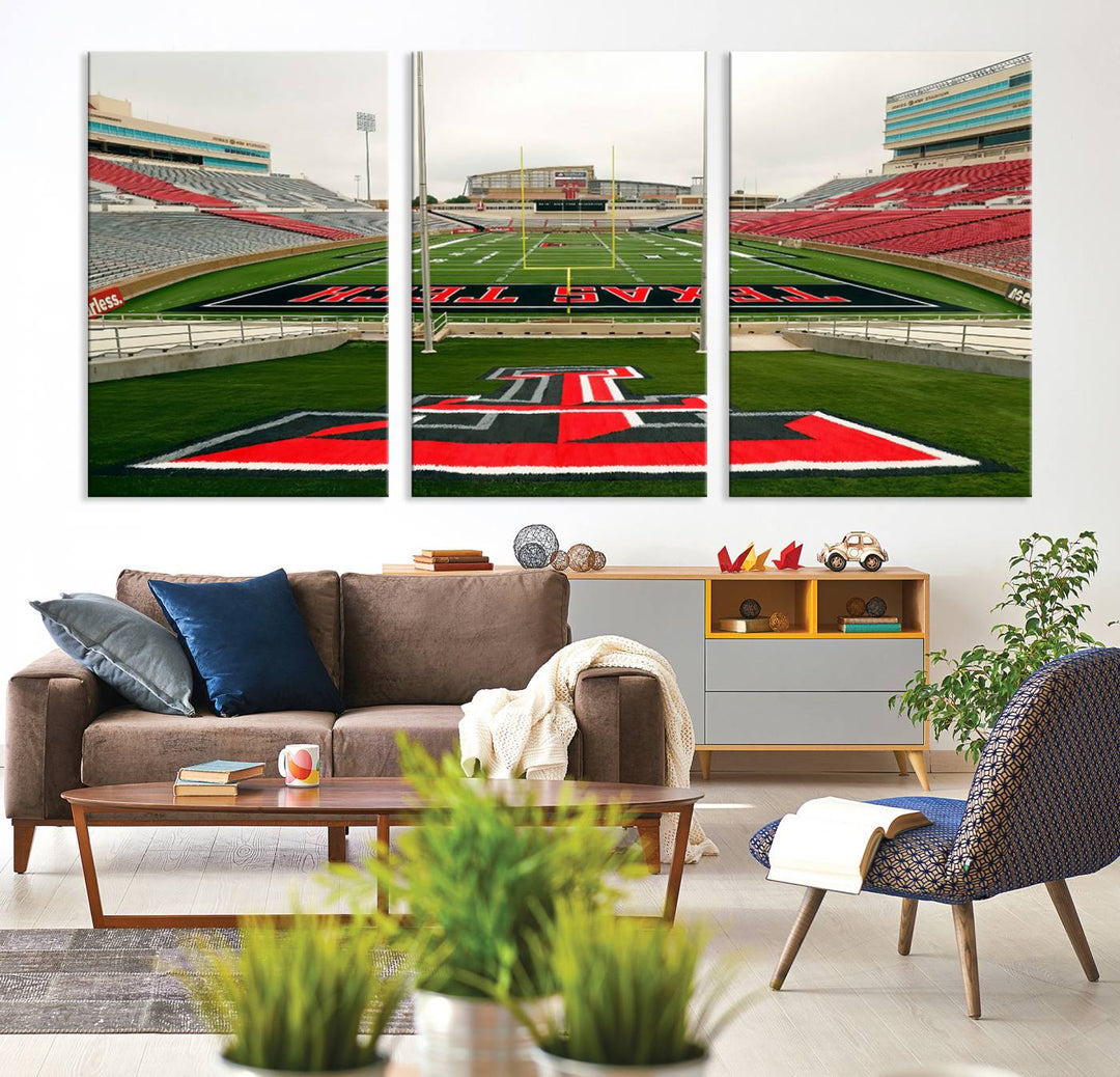 Gallery-quality print of Lubbock Jones AT&T Stadium featuring the Texas Tech Red Raiders field, highlighted by red and gray bleachers.