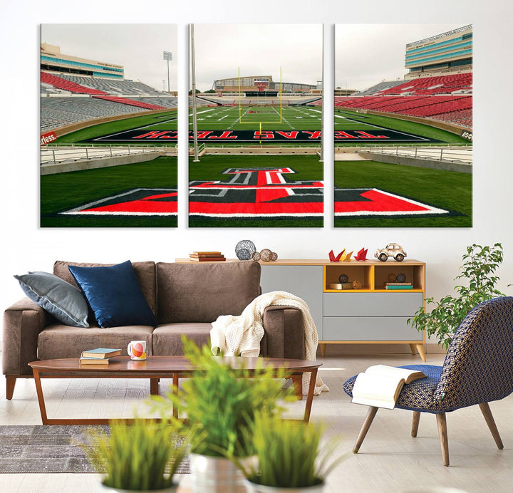 Gallery-quality print of Lubbock Jones AT&T Stadium featuring the Texas Tech Red Raiders field, highlighted by red and gray bleachers.