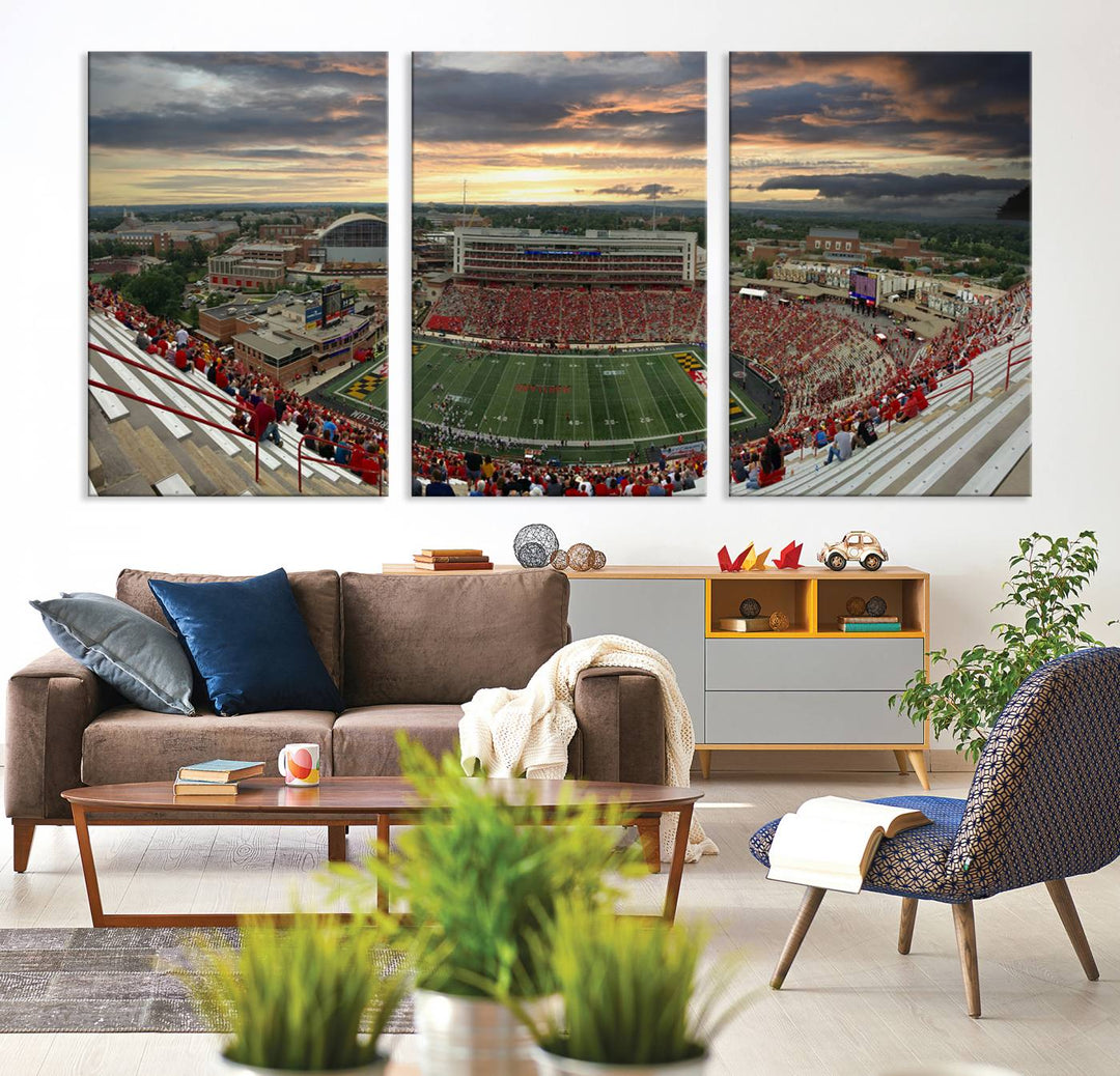 The University of Maryland Terrapins Football Team Print features SECU Stadium at sunset with vibrant skies.