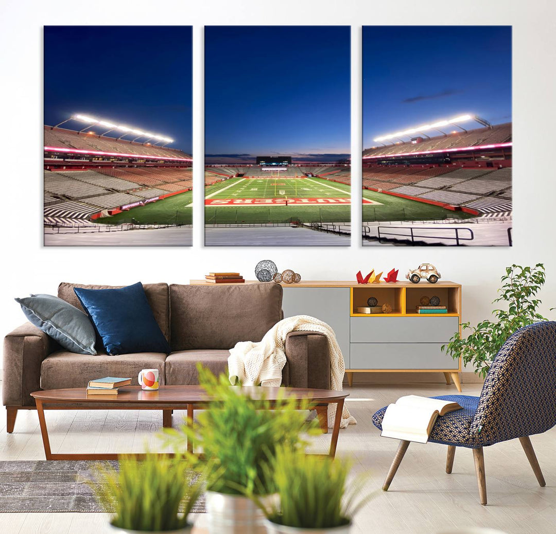 A large SHI Stadium at dusk, ideal for a Rutgers Scarlet Knights Football Team canvas print.