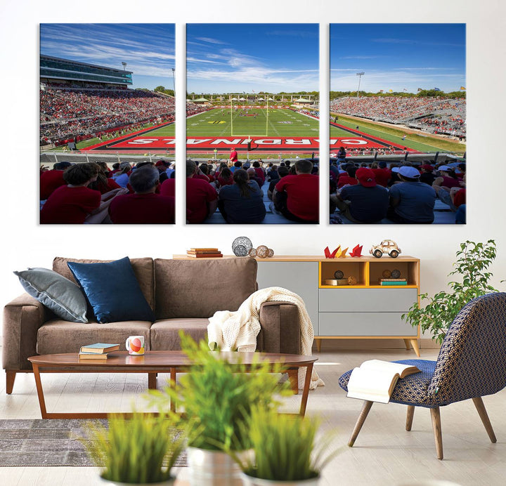 The Ball State Cardinals wall art on canvas depicts fans in red at Scheumann Stadium.