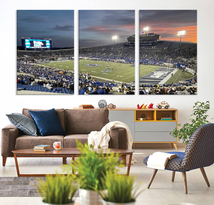 A Memphis Tigers football canvas print of Simmons Bank Liberty Stadium at sunset enhances the living room.