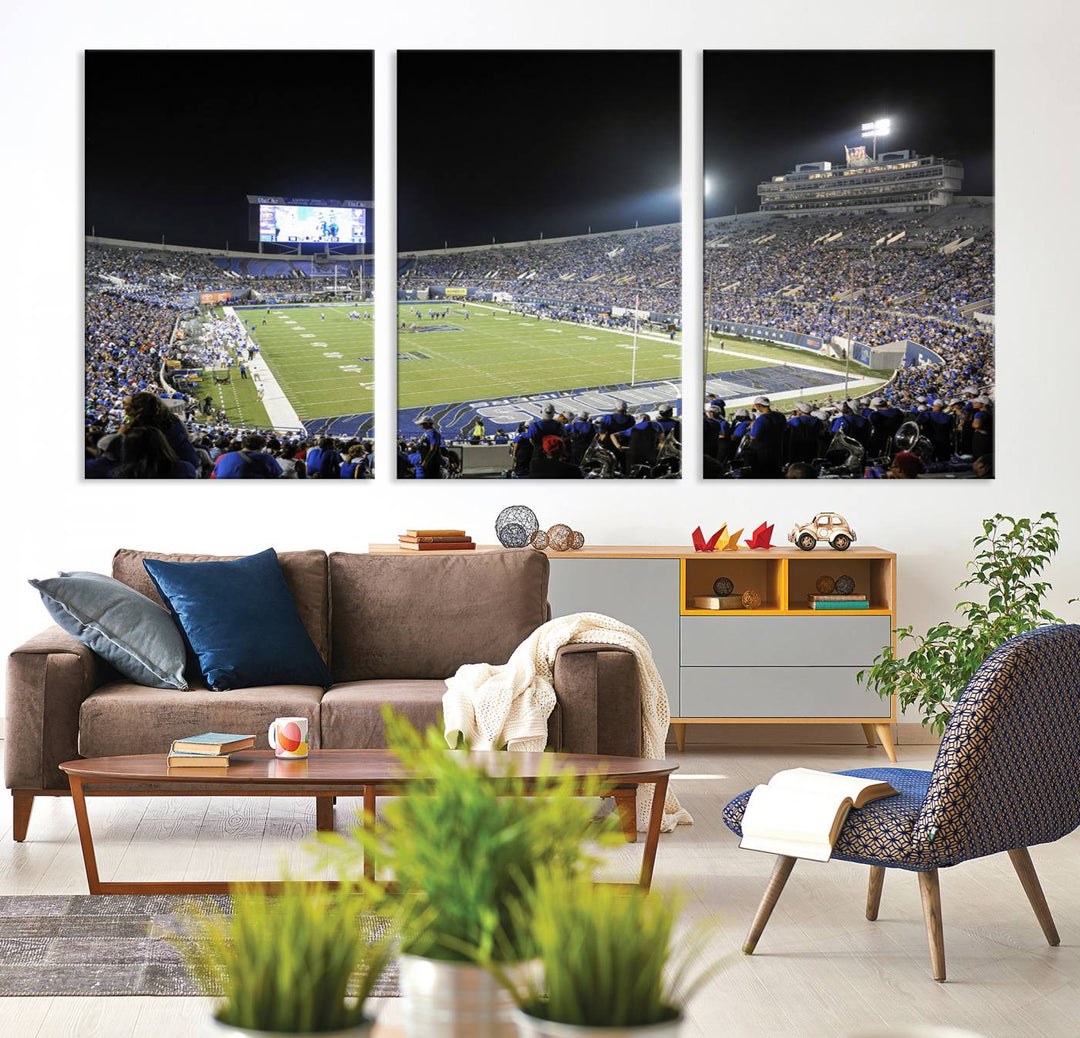 A vibrant depiction of Liberty Stadium at night, highlighting a Tigers football game on the large screen with stands filled with enthusiastic fans.