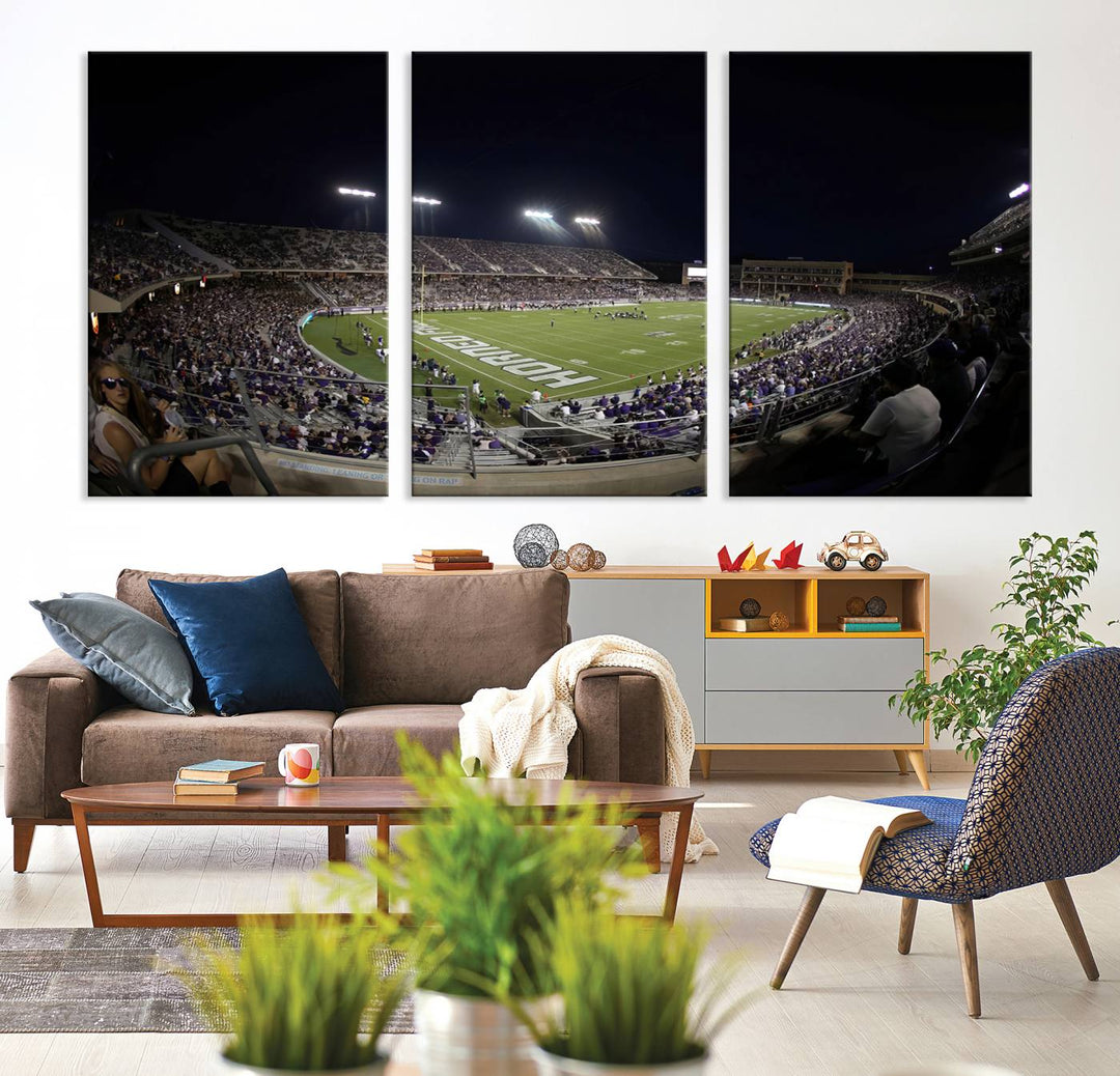 The wall art print features a night view of Amon G. Carter Stadium filled with TCU fans, showcased in the Horned Frogs Football Canvas Wall Art.